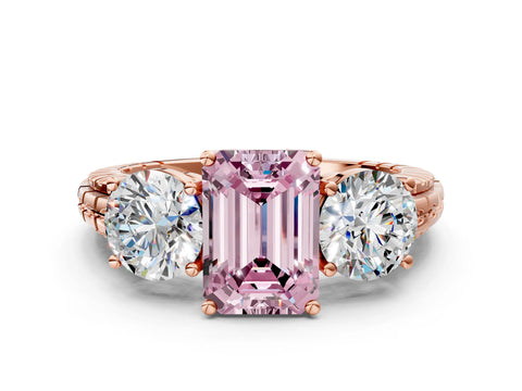 Rose gold Three-Stone Fancy Pink Emerald Cut Cut Diamond Ring with Channel-Set Band and Prong Setting