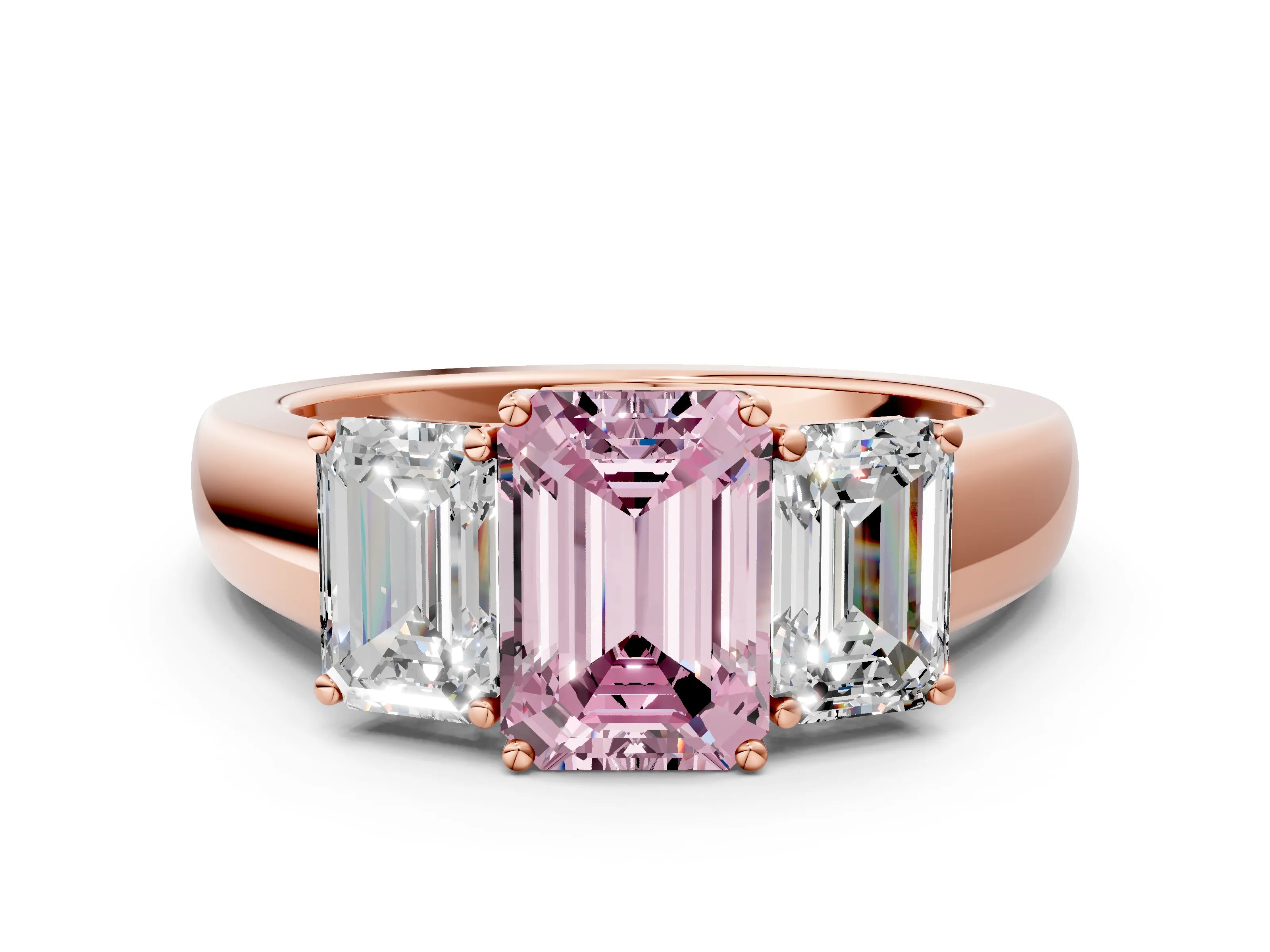 Rose gold Three-Stone Fancy Pink Emerald Cut Cut Diamond Ring with Prong Setting and Classic Band