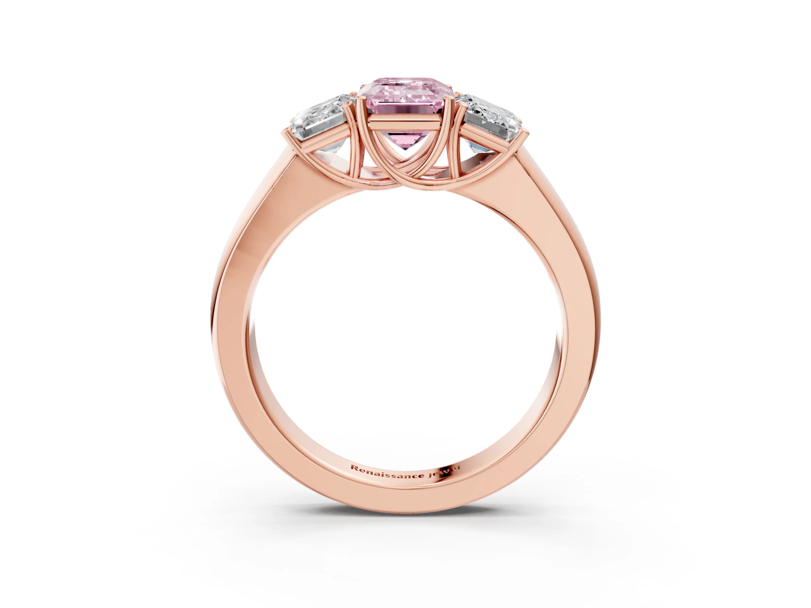 Rose gold Three-Stone Fancy Pink Emerald Cut Cut Diamond Ring with Prong Setting and Classic Band_3