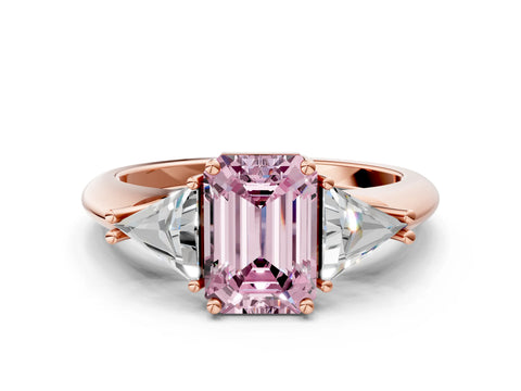 Rose gold Three-Stone Fancy Pink Emerald Cut Cut Diamond Ring with Trillion Side Stones and Four-Prong Setting_3