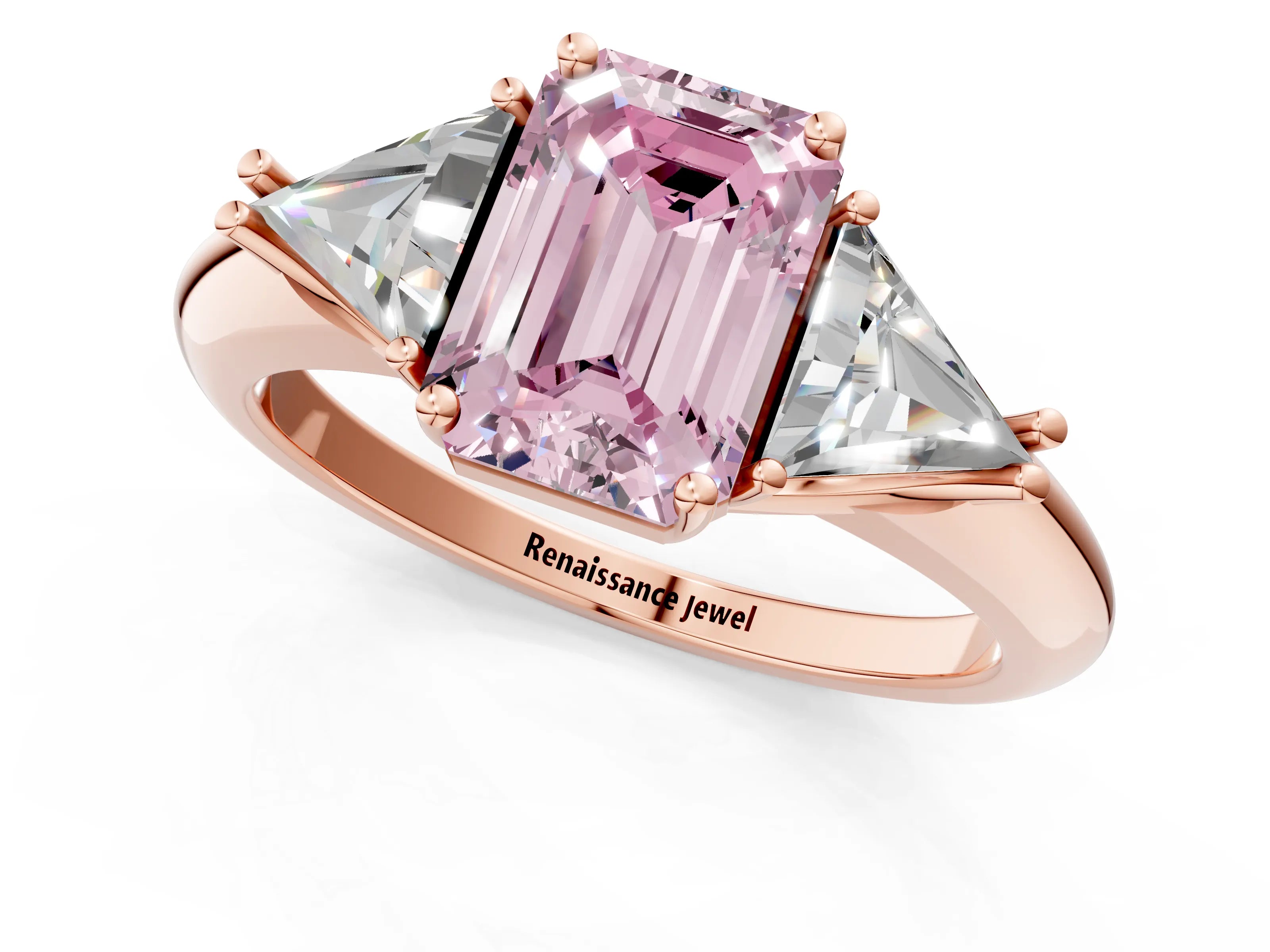 Rose gold Three-Stone Fancy Pink Emerald Cut Cut Diamond Ring with Trillion Side Stones and Four-Prong Setting_4