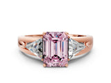 Rose gold Three-Stone Fancy Pink Emerald Cut Cut Diamond Ring with Trillion Side Stones on a Split Shank Band