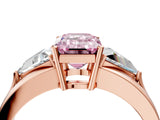 Rose gold Three-Stone Fancy Pink Emerald Cut Cut Diamond Ring with Trillion Side Stones on a Split Shank Band_10