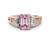 Rose gold Three-Stone Fancy Pink Emerald Cut Cut Diamond Ring with Trillion Side Stones on a Split Shank Band_6