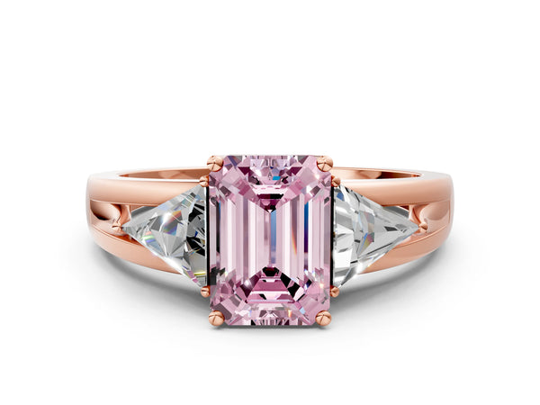 Rose Gold Emerald Cut Split Shank Three Stone Engagement Ring Setting for Fancy Pink Center