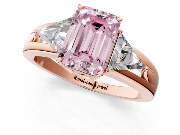 Rose Gold Emerald Cut Split Shank Three Stone Engagement Ring Setting for Fancy Pink Center