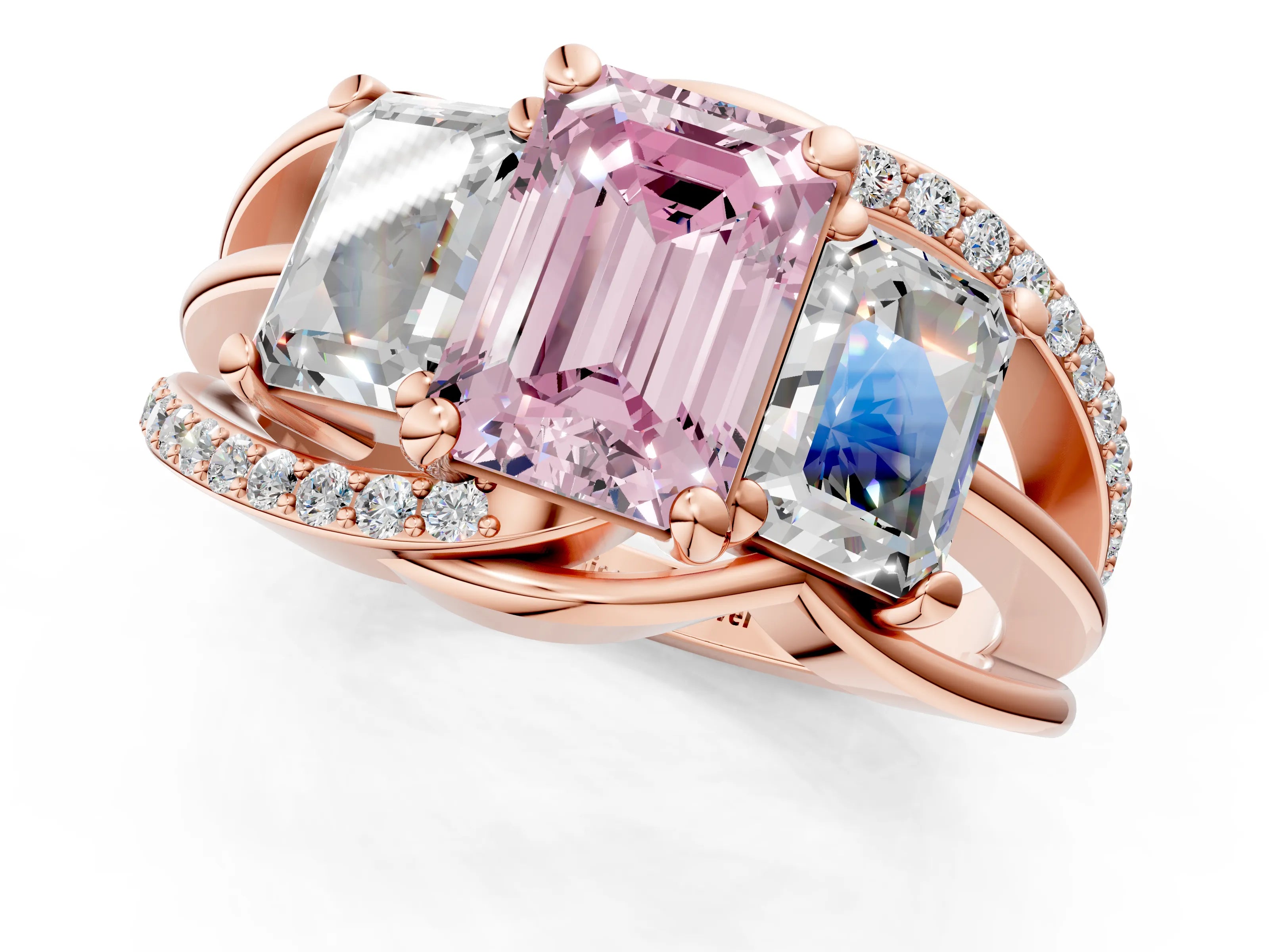 Rose gold Three-Stone Fancy Pink Emerald Cut Cut Diamond Split Shank Prong Set Ring_1