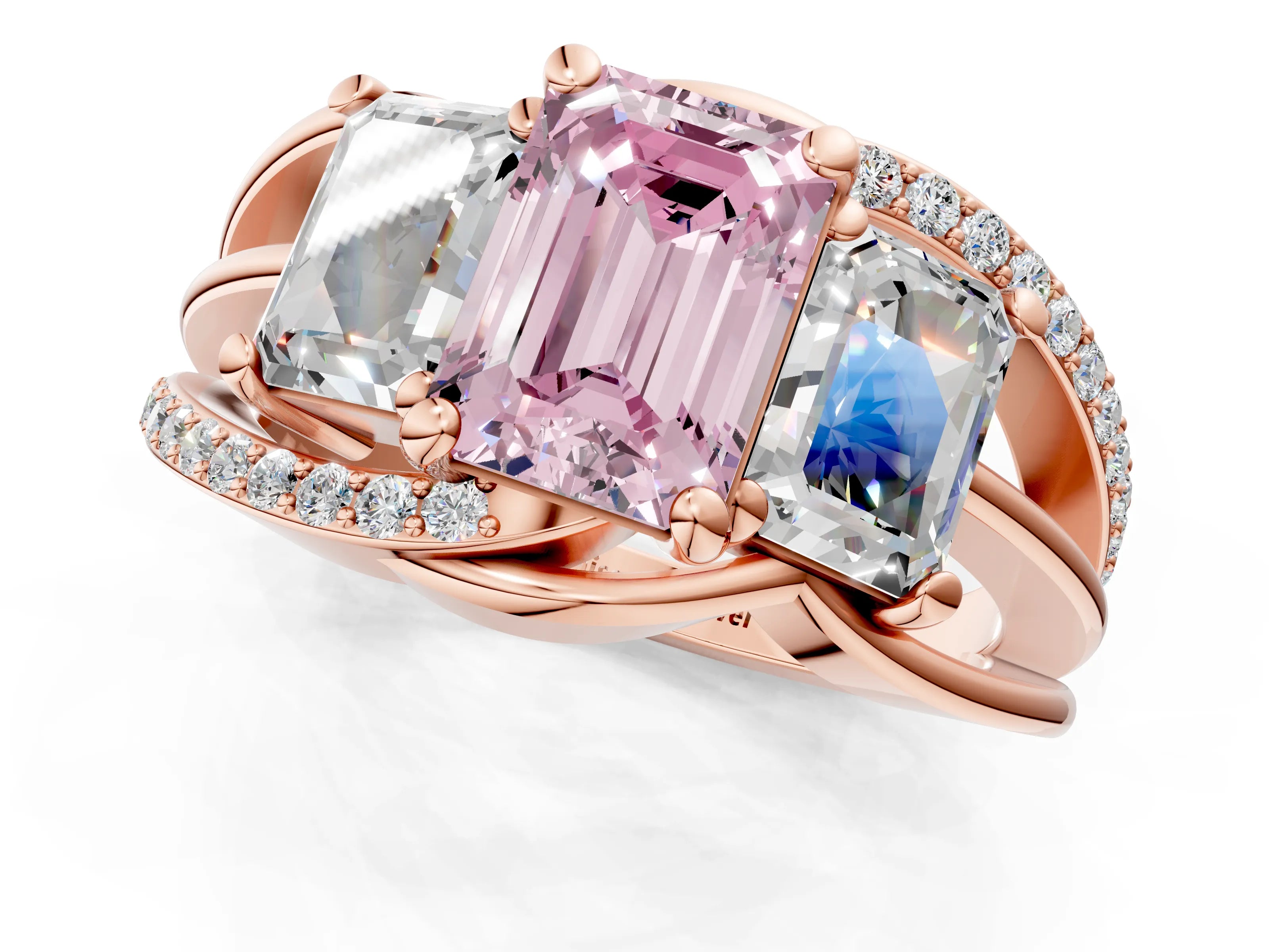 Rose gold Three-Stone Fancy Pink Emerald Cut Cut Diamond Split Shank Prong Set Ring_13
