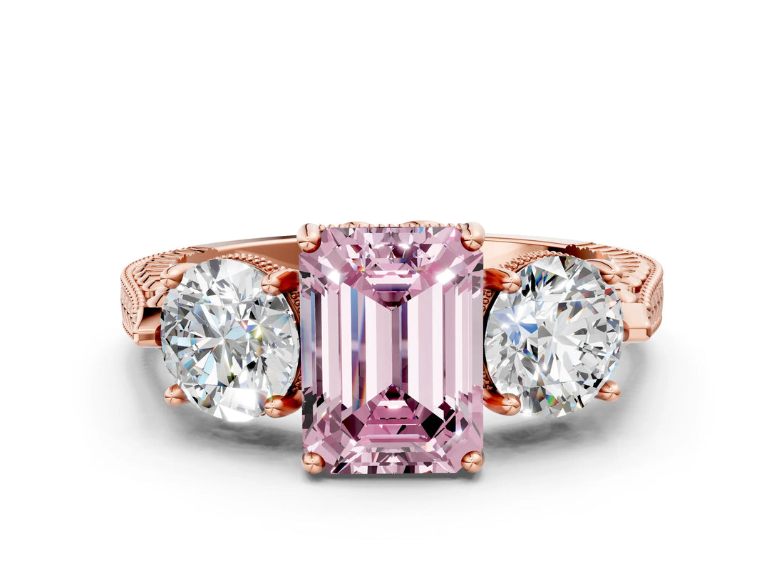 Rose gold Three-Stone Fancy Pink Emerald Cut Cut Milgrain Band Prong Setting Ring_12