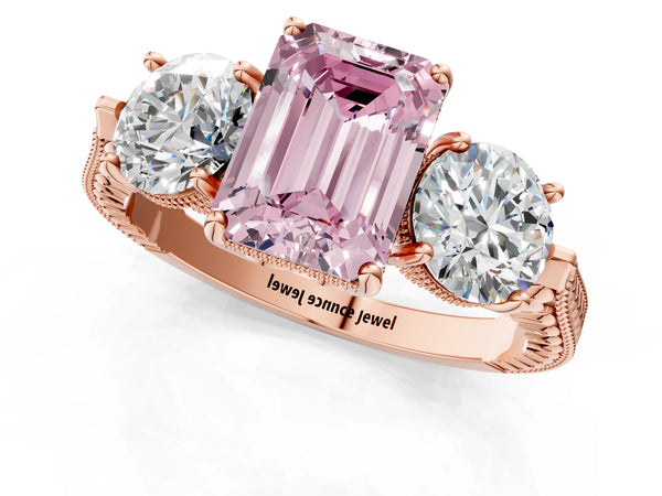 Rose Gold Emerald Cut Vintage Three Stone Engagement Ring Setting for Fancy Pink Center
