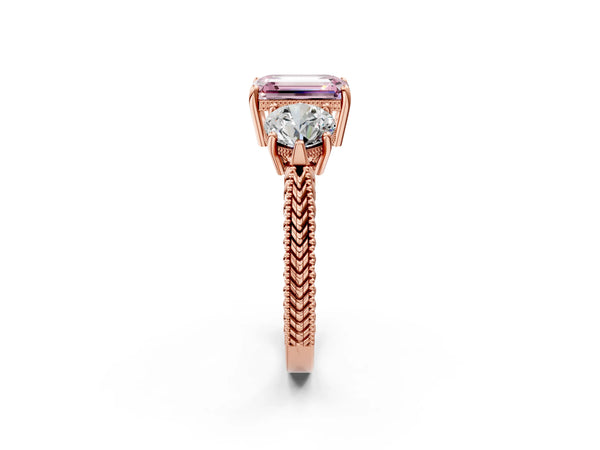 Rose Gold Emerald Cut Vintage Three Stone Engagement Ring Setting for Fancy Pink Center