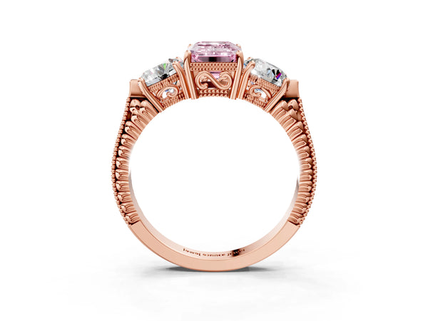 Rose Gold Emerald Cut Vintage Three Stone Engagement Ring Setting for Fancy Pink Center