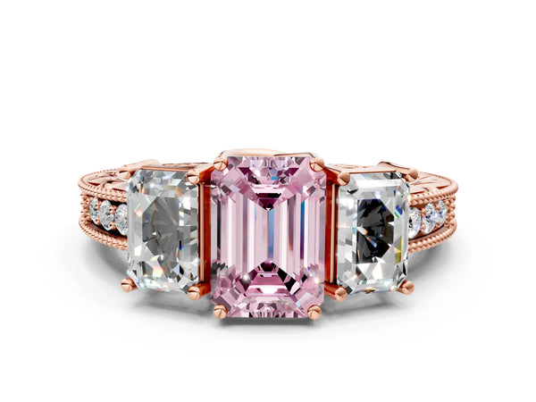 Rose gold Three-Stone Fancy Pink Emerald Cut Cut Milgrain Pavé Engagement Ring
