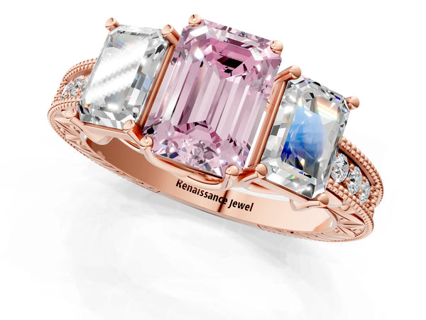 Rose gold Three-Stone Fancy Pink Emerald Cut Cut Milgrain Pavé Engagement Ring