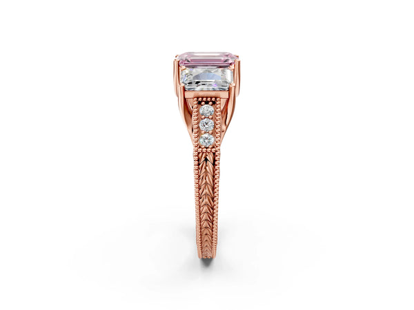 Rose gold Three-Stone Fancy Pink Emerald Cut Cut Milgrain Pavé Engagement Ring
