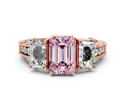 Rose gold Three-Stone Fancy Pink Emerald Cut Cut Milgrain Pavé Engagement Ring_24
