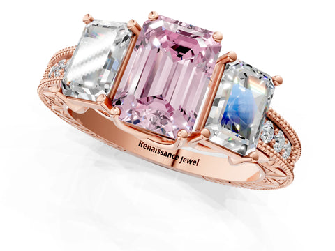 Rose gold Three-Stone Fancy Pink Emerald Cut Cut Milgrain Pavé Engagement Ring_25