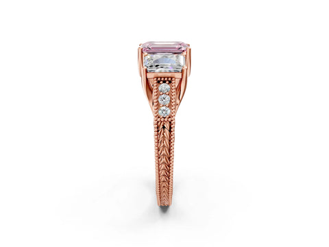 Rose gold Three-Stone Fancy Pink Emerald Cut Cut Milgrain Pavé Engagement Ring_26