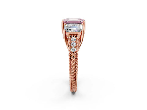 Rose gold Three-Stone Fancy Pink Emerald Cut Cut Milgrain Pavé Engagement Ring_2