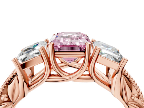 Rose gold Three-Stone Fancy Pink Emerald Cut Cut Milgrain Pavé Engagement Ring_4