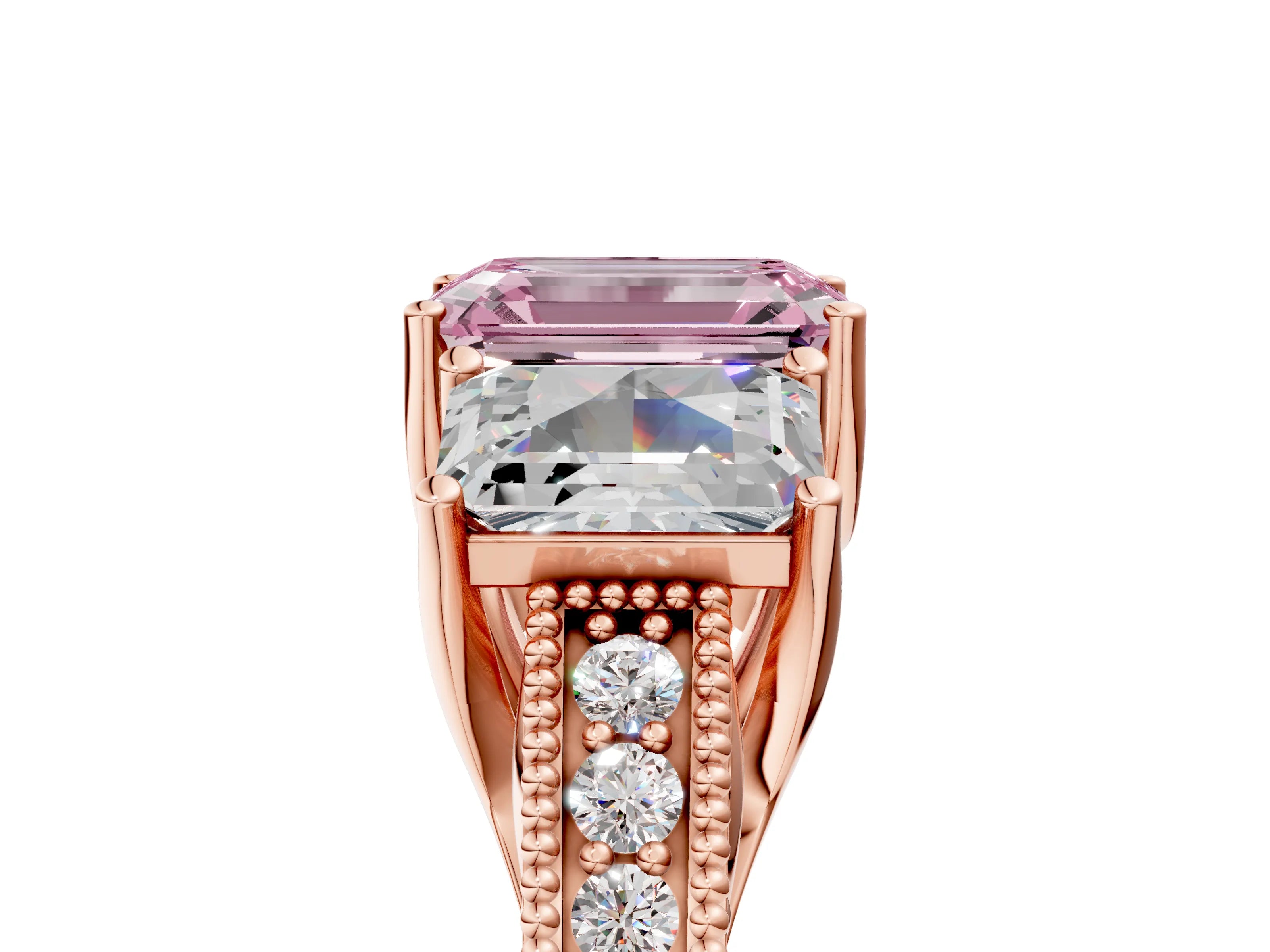 Rose gold Three-Stone Fancy Pink Emerald Cut Cut Milgrain Pavé Engagement Ring_5