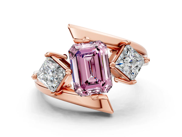 Rose gold Three-Stone Fancy Pink Emerald Cut Cut Tension Band Ring with Four-Prong Setting
