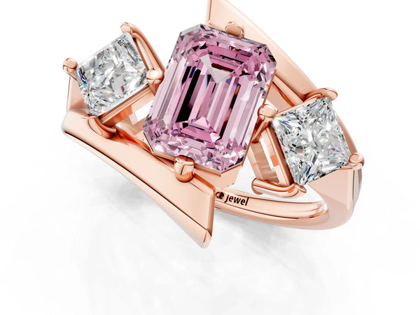 Rose gold Three-Stone Fancy Pink Emerald Cut Cut Tension Band Ring with Four-Prong Setting