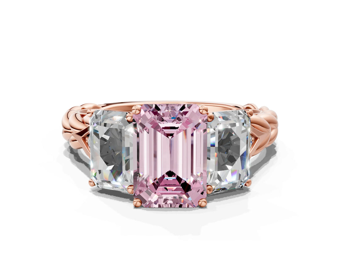 Rose gold Three-Stone Fancy Pink Emerald Cut Diamond Braided Band Ring with Four-Prong Setting_116
