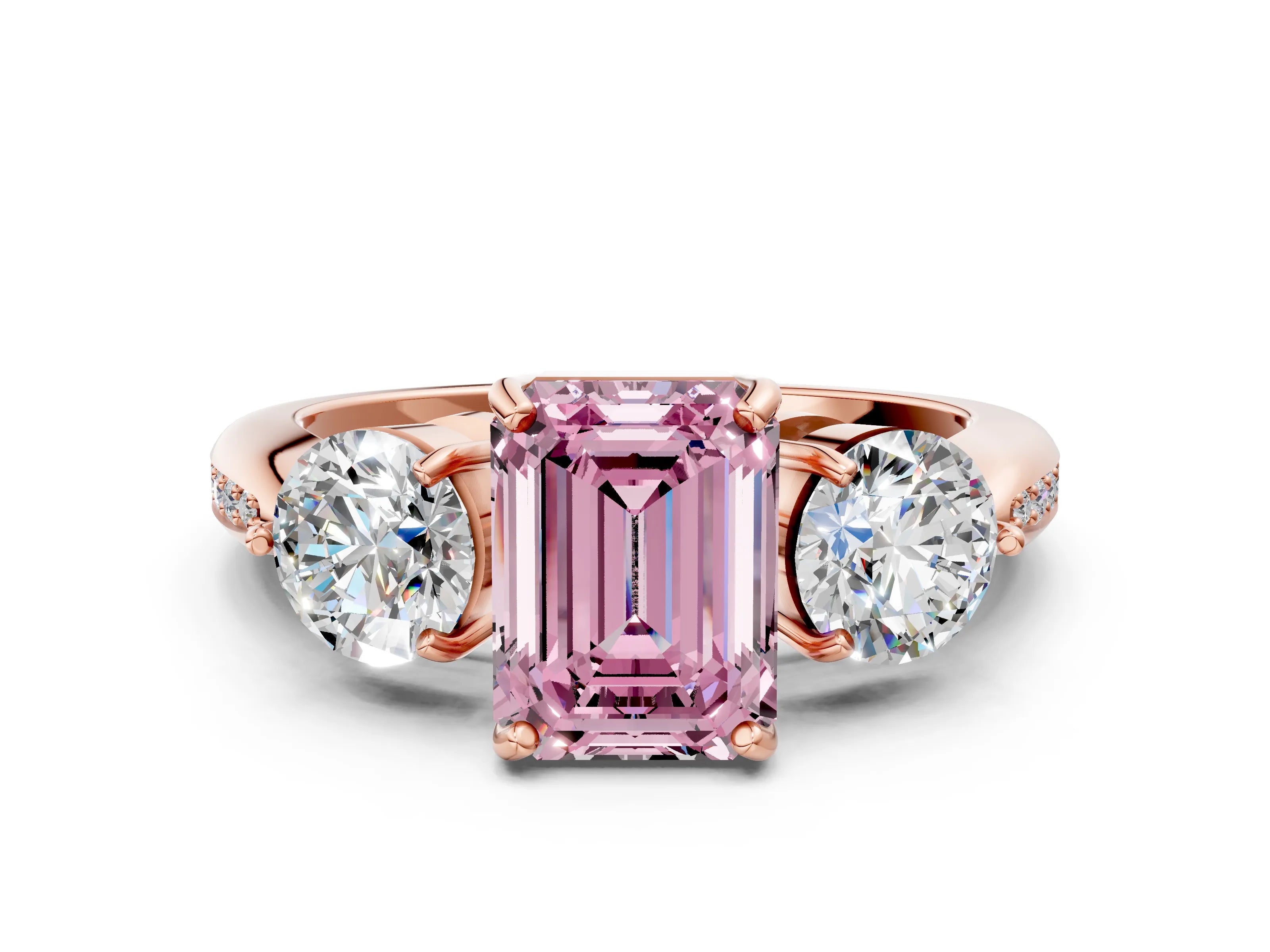 Rose gold Three-Stone Fancy Pink Emerald Cut Diamond Channel Set Engagement Ring with Prong Setting