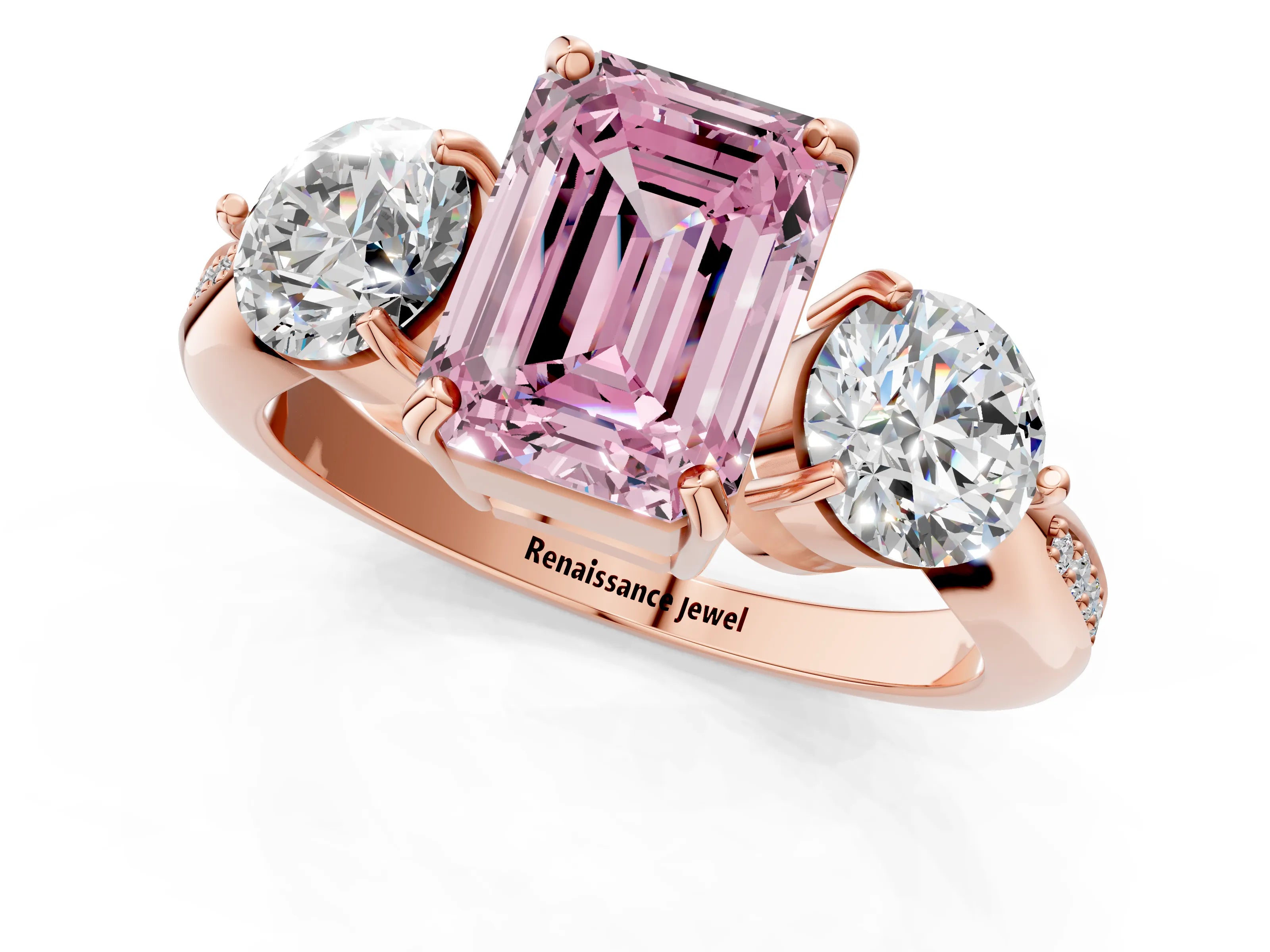 Rose gold Three-Stone Fancy Pink Emerald Cut Diamond Channel Set Engagement Ring with Prong Setting_1