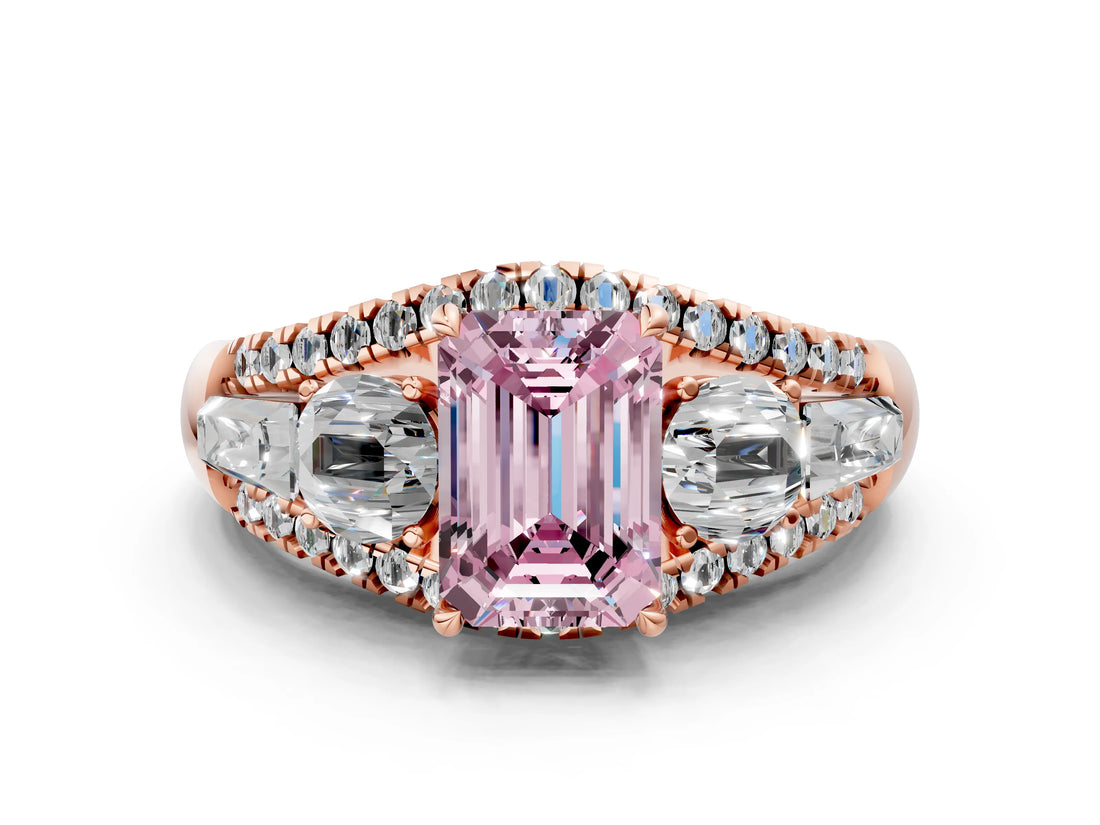 Rose gold Three-Stone Fancy Pink Emerald Cut Diamond Engagement Ring with Pave Band and Prong Setting_12