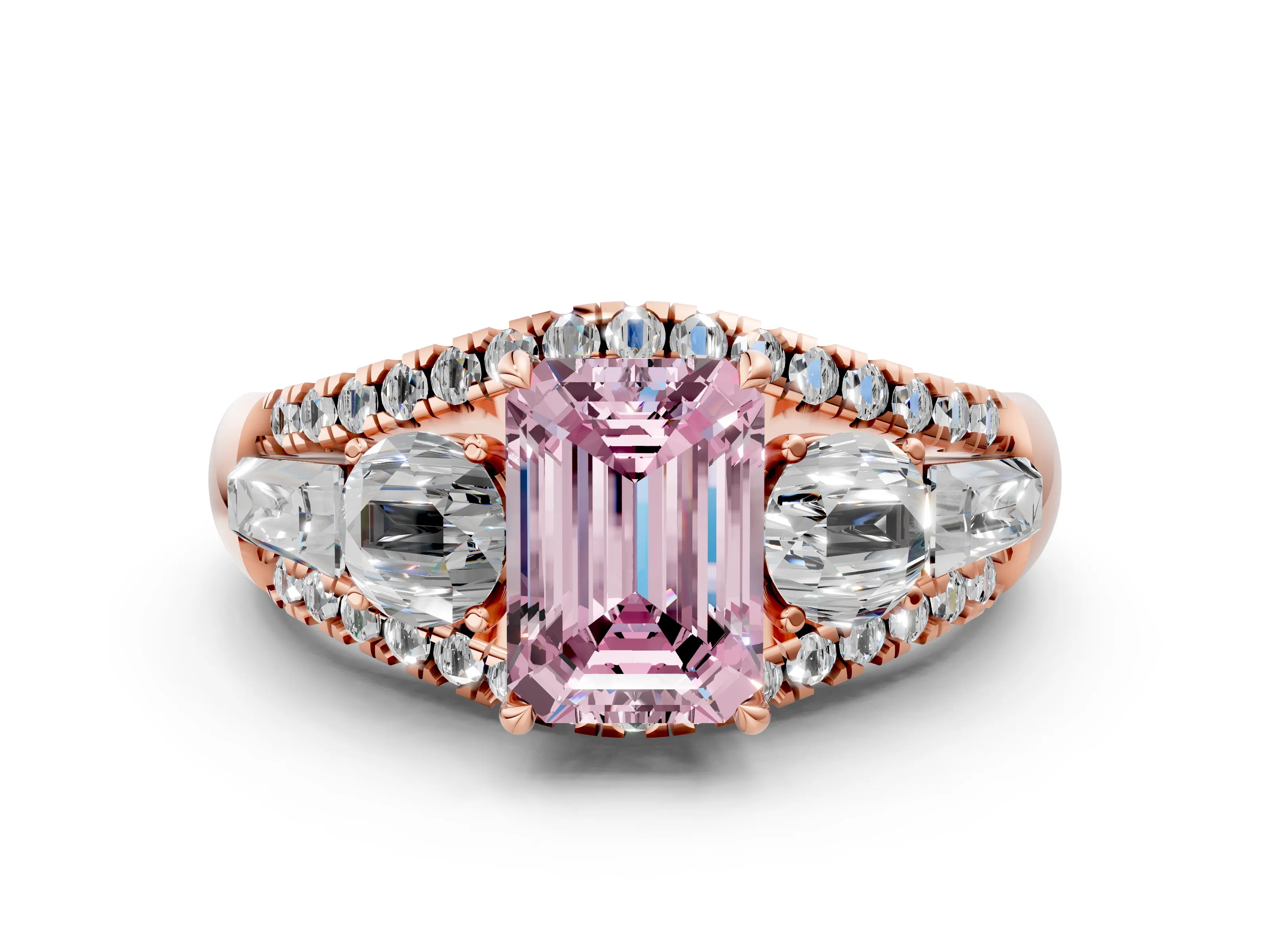 Rose gold Three-Stone Fancy Pink Emerald Cut Diamond Engagement Ring with Pave Band and Prong Setting_13