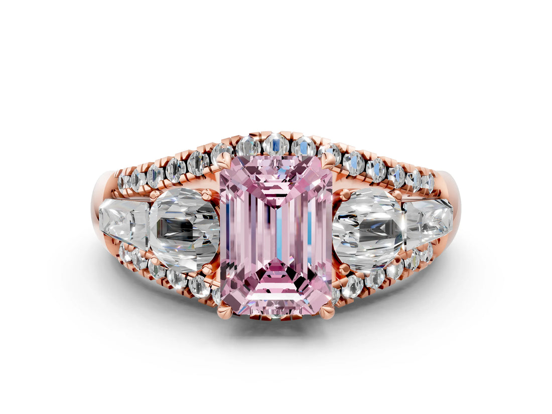 Rose gold Three-Stone Fancy Pink Emerald Cut Diamond Engagement Ring with Pave Band and Prong Setting_13
