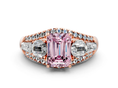 Rose gold Three-Stone Fancy Pink Emerald Cut Diamond Engagement Ring with Pave Band and Prong Setting_13