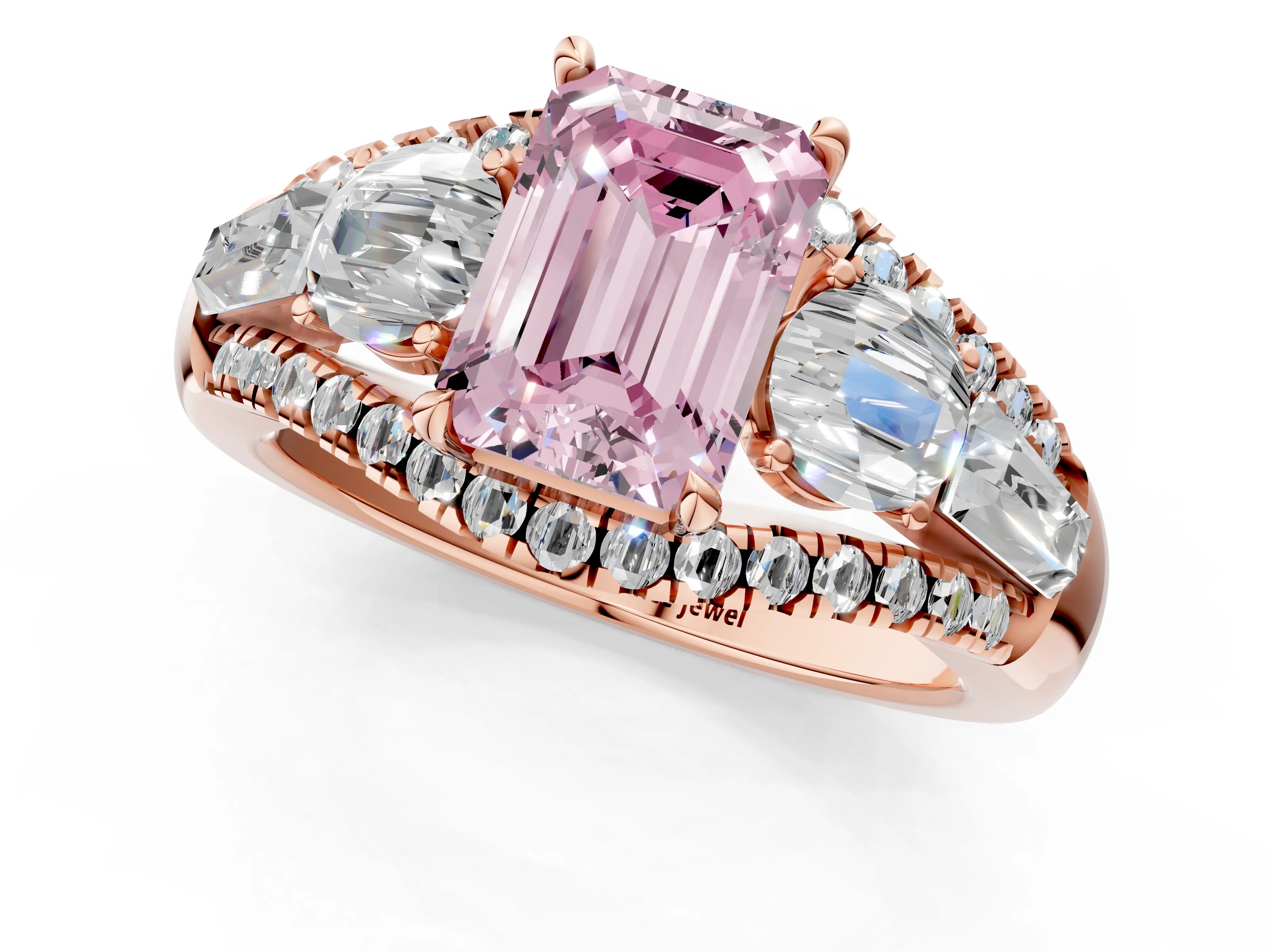 Rose gold Three-Stone Fancy Pink Emerald Cut Diamond Engagement Ring with Pave Band and Prong Setting_14