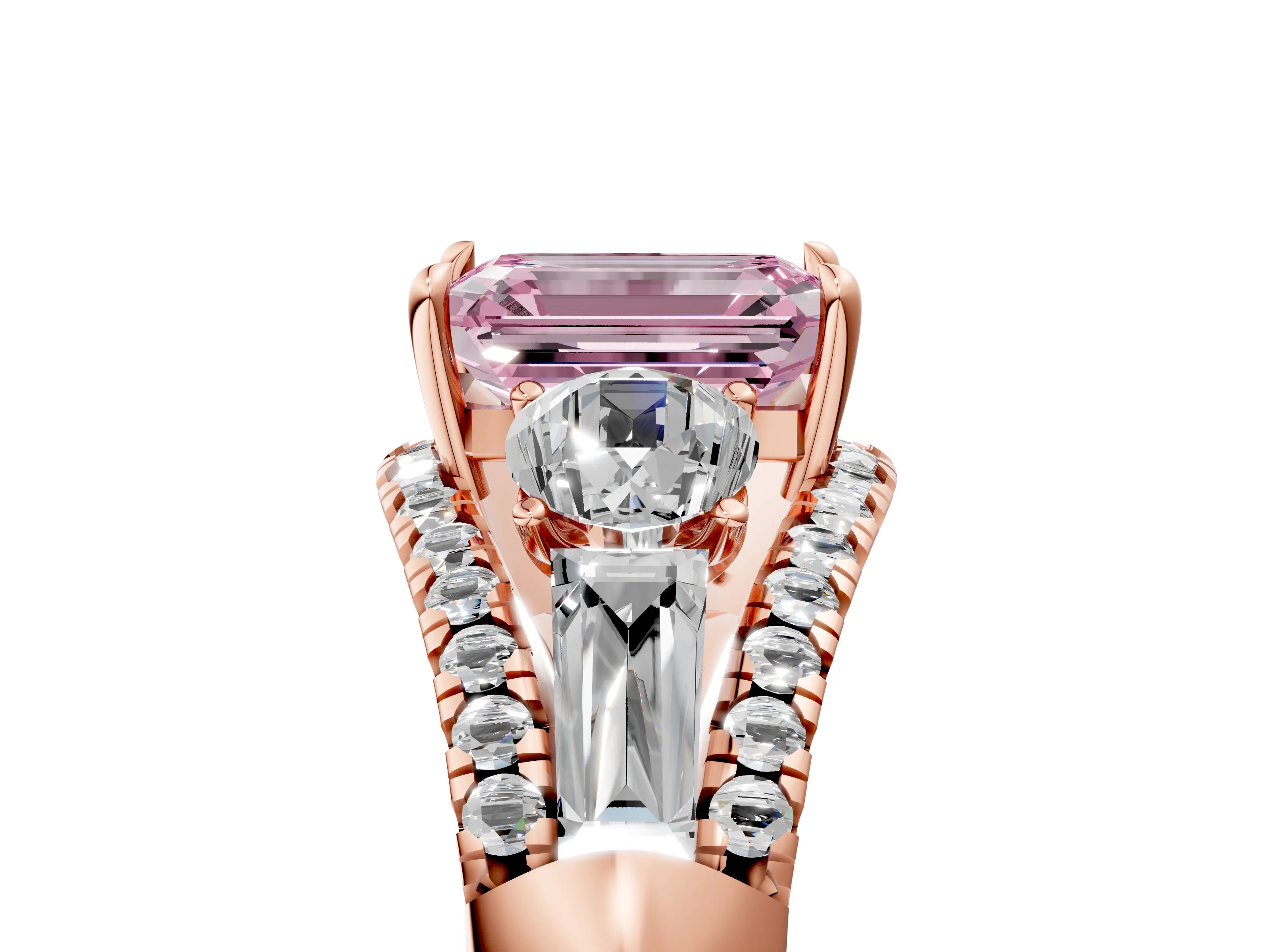 Rose gold Three-Stone Fancy Pink Emerald Cut Diamond Engagement Ring with Pave Band and Prong Setting_18