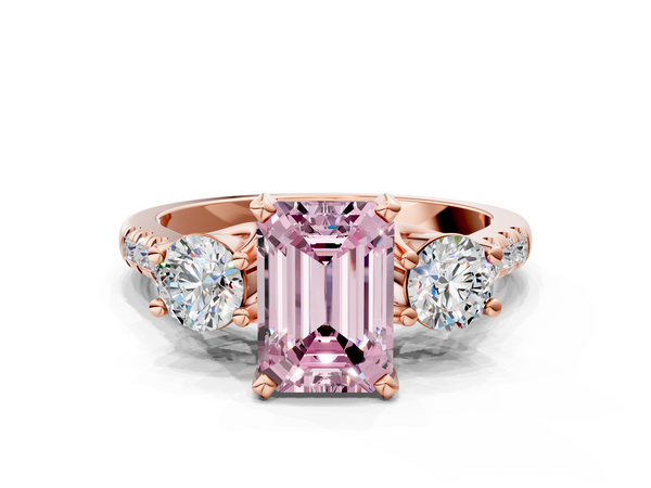 Rose gold Three-Stone Fancy Pink Emerald Cut Diamond Pavé Band with Four-Prong Setting
