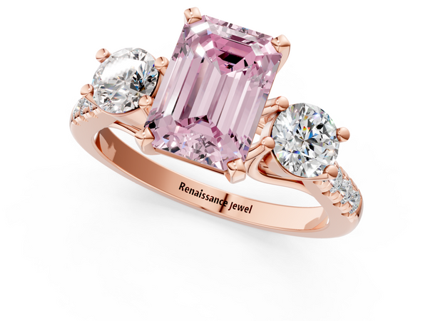 Rose gold Three-Stone Fancy Pink Emerald Cut Diamond Pavé Band with Four-Prong Setting