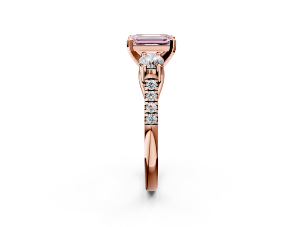 Rose gold Three-Stone Fancy Pink Emerald Cut Diamond Pavé Band with Four-Prong Setting
