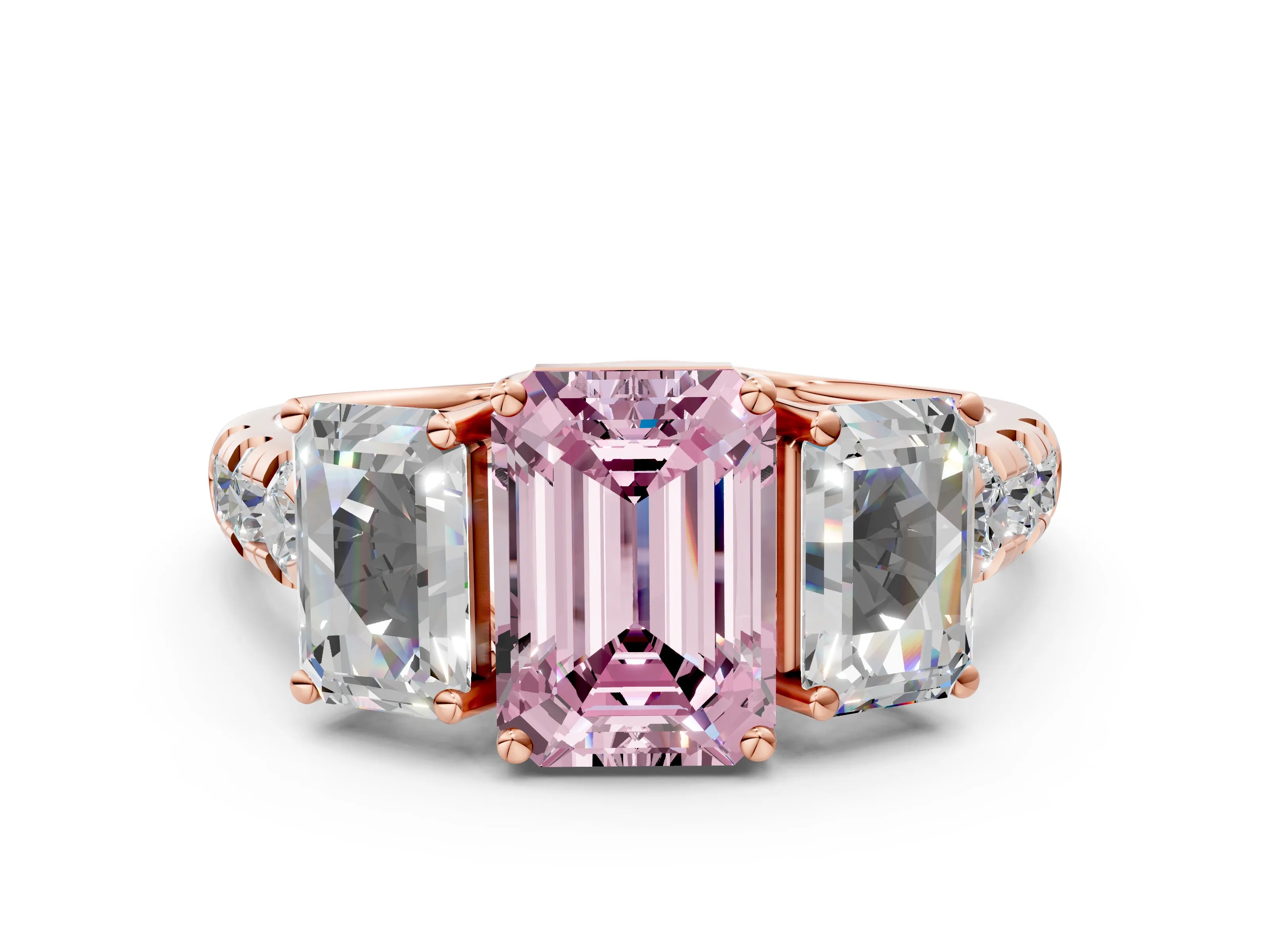 Rose gold Three-Stone Fancy Pink Emerald Cut Diamond Pavé Band with Prong Setting
