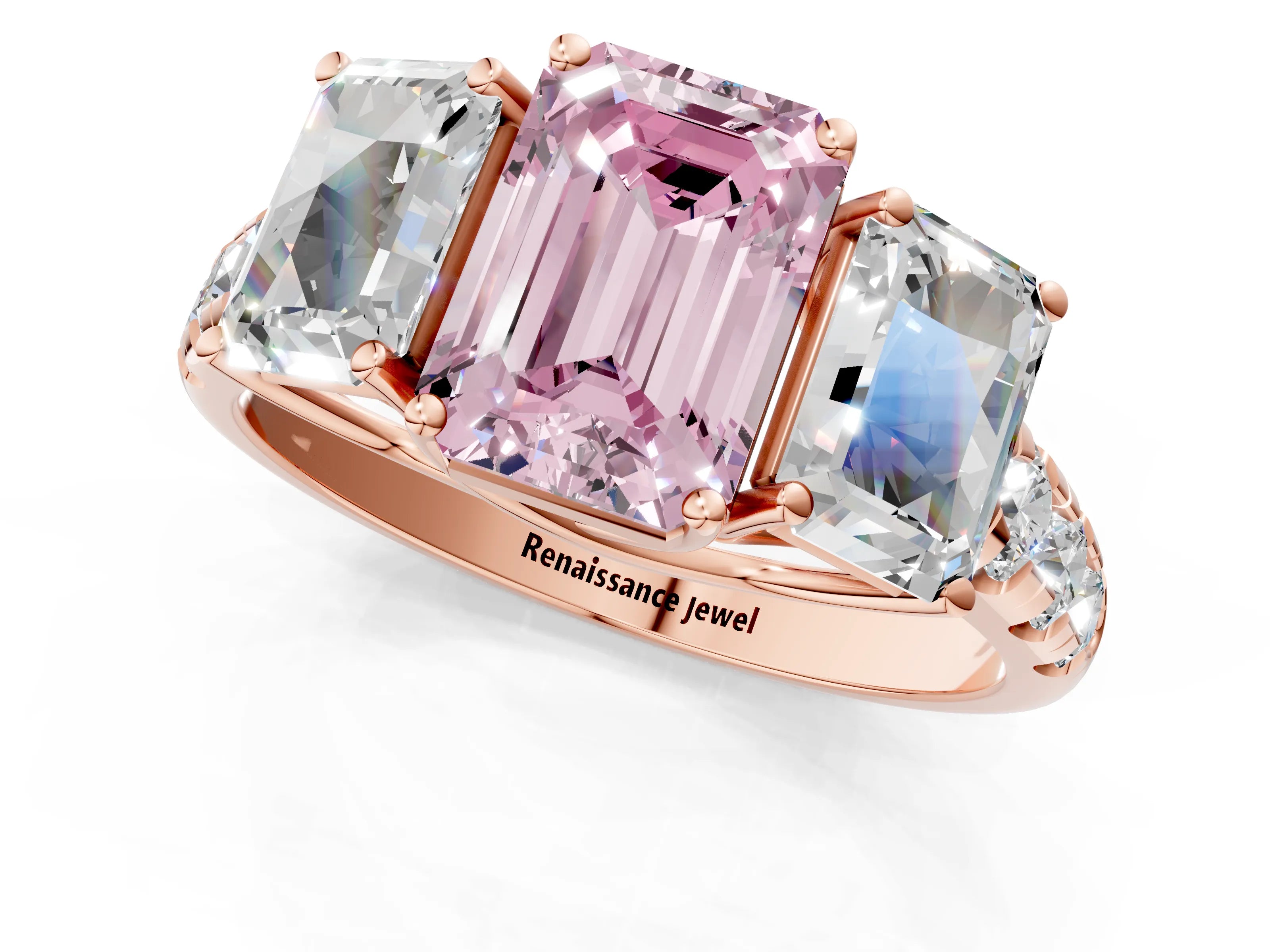 Rose gold Three-Stone Fancy Pink Emerald Cut Diamond Pavé Band with Prong Setting_1
