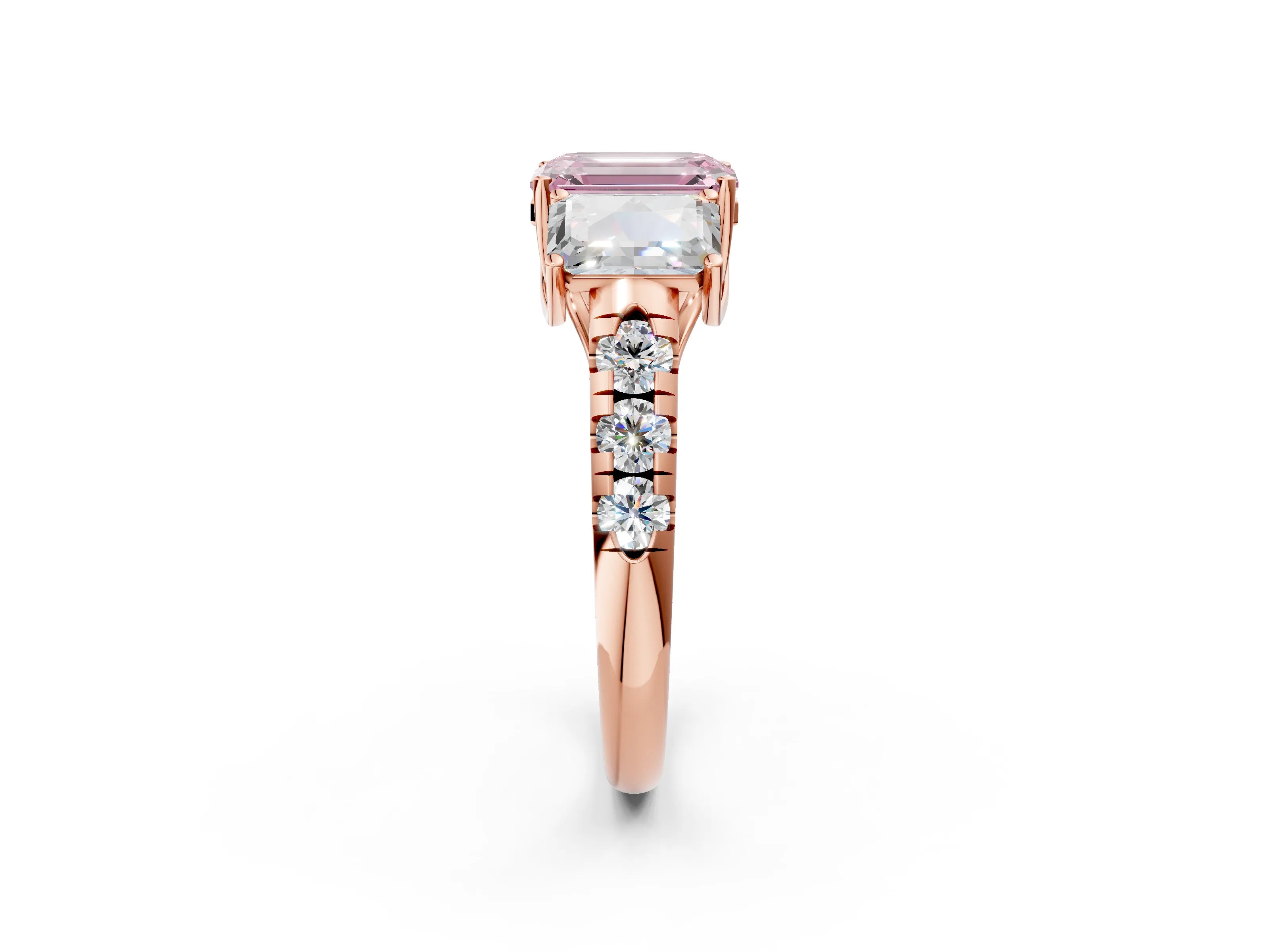 Rose gold Three-Stone Fancy Pink Emerald Cut Diamond Pavé Band with Prong Setting_2