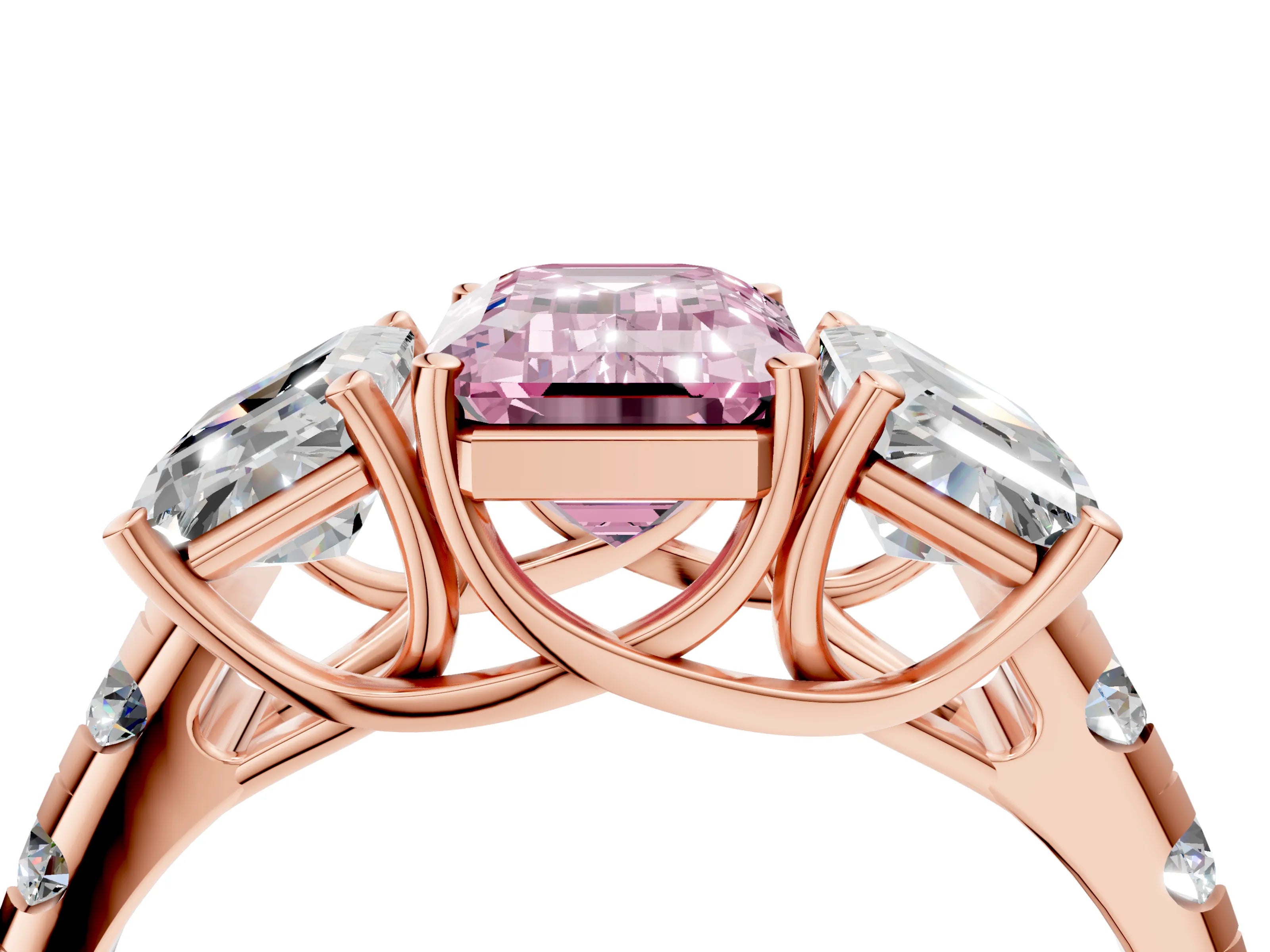Rose gold Three-Stone Fancy Pink Emerald Cut Diamond Pavé Band with Prong Setting_4