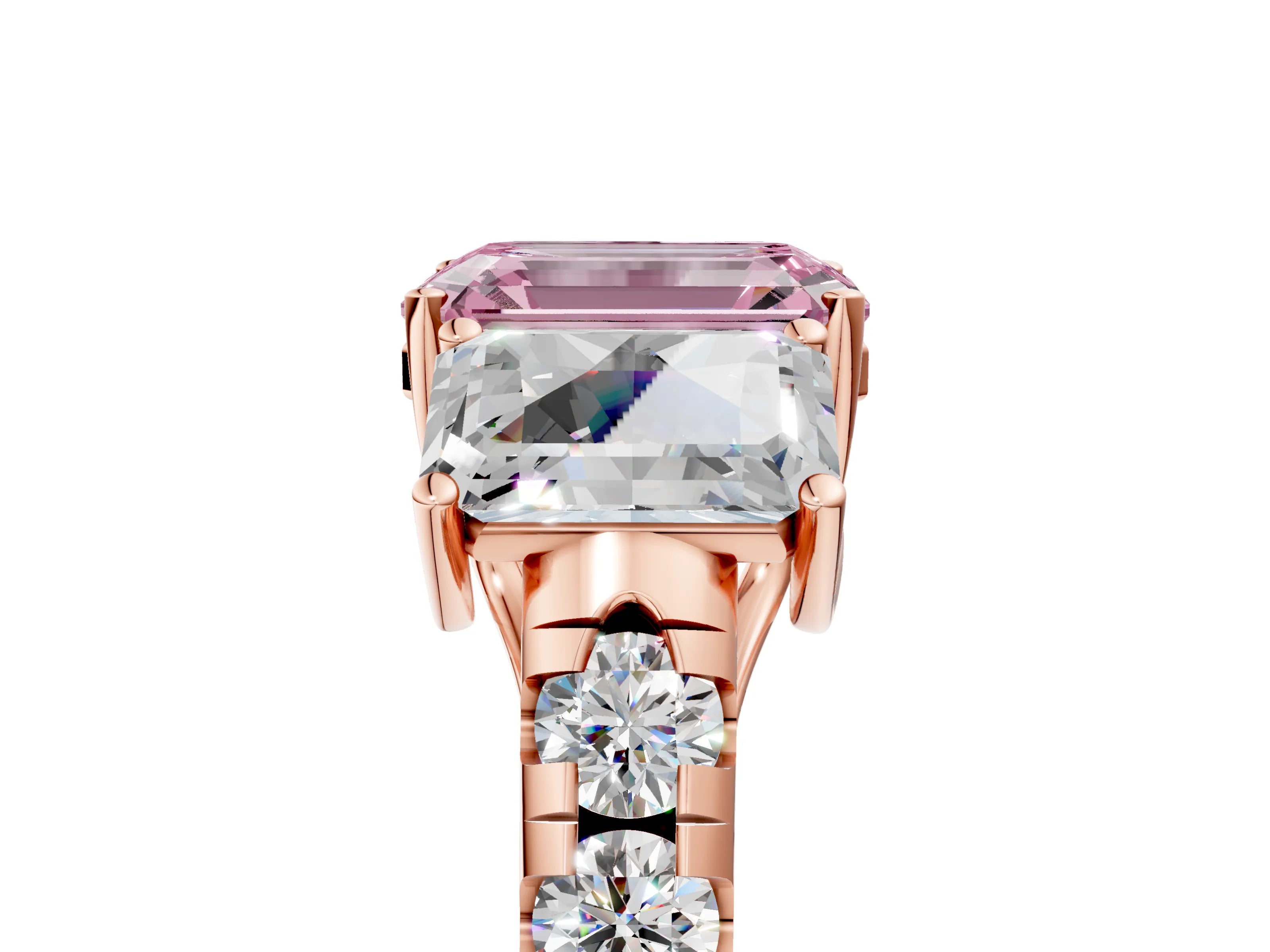 Rose gold Three-Stone Fancy Pink Emerald Cut Diamond Pavé Band with Prong Setting_5