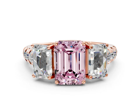 Rose gold Three-Stone Fancy Pink Emerald Cut Diamond Pavé Band with Prong Setting
