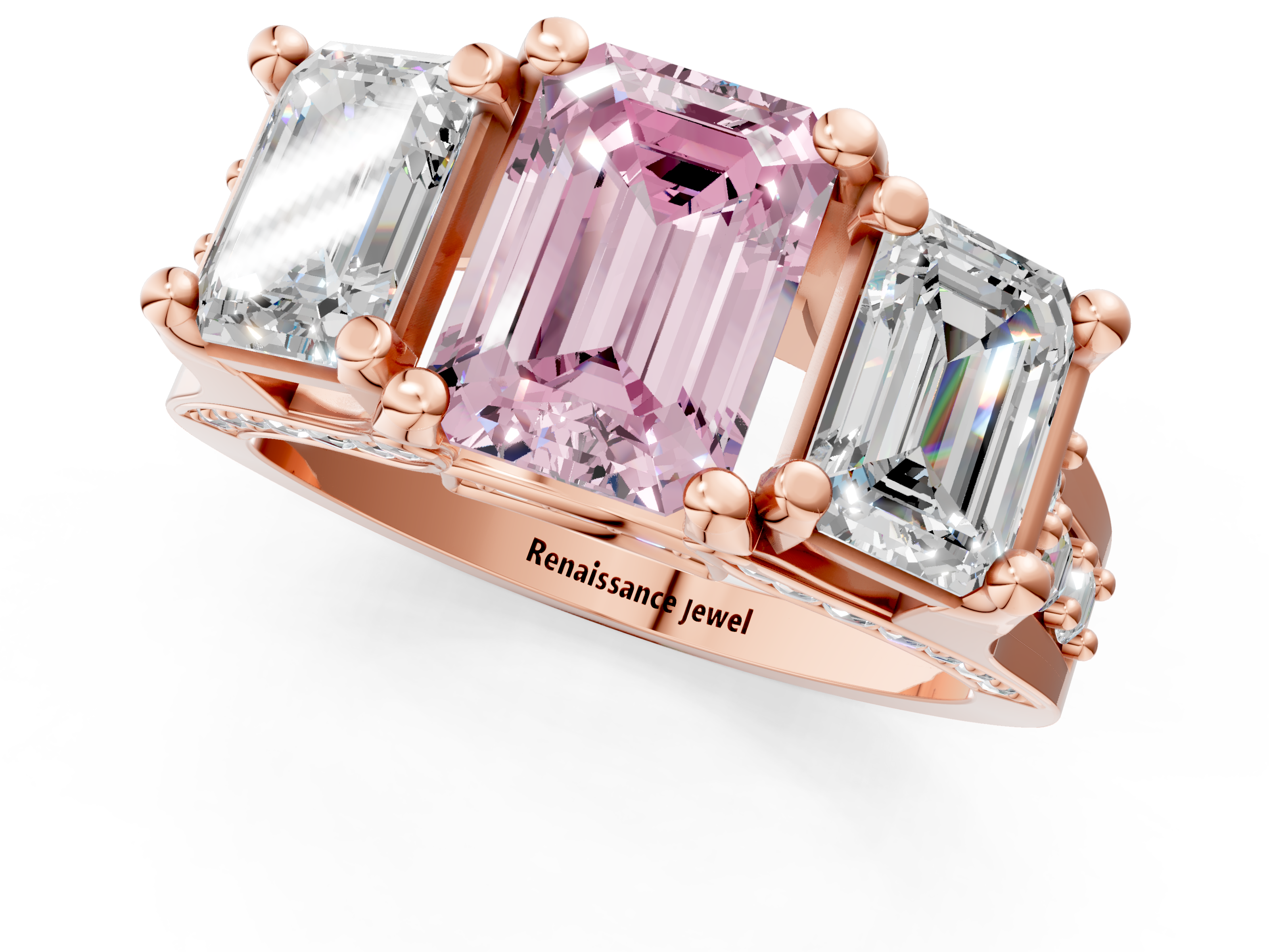 Rose gold Three-Stone Fancy Pink Emerald  Cut Diamond Ring with Channel-Set Band and Four-Prong Setting_36