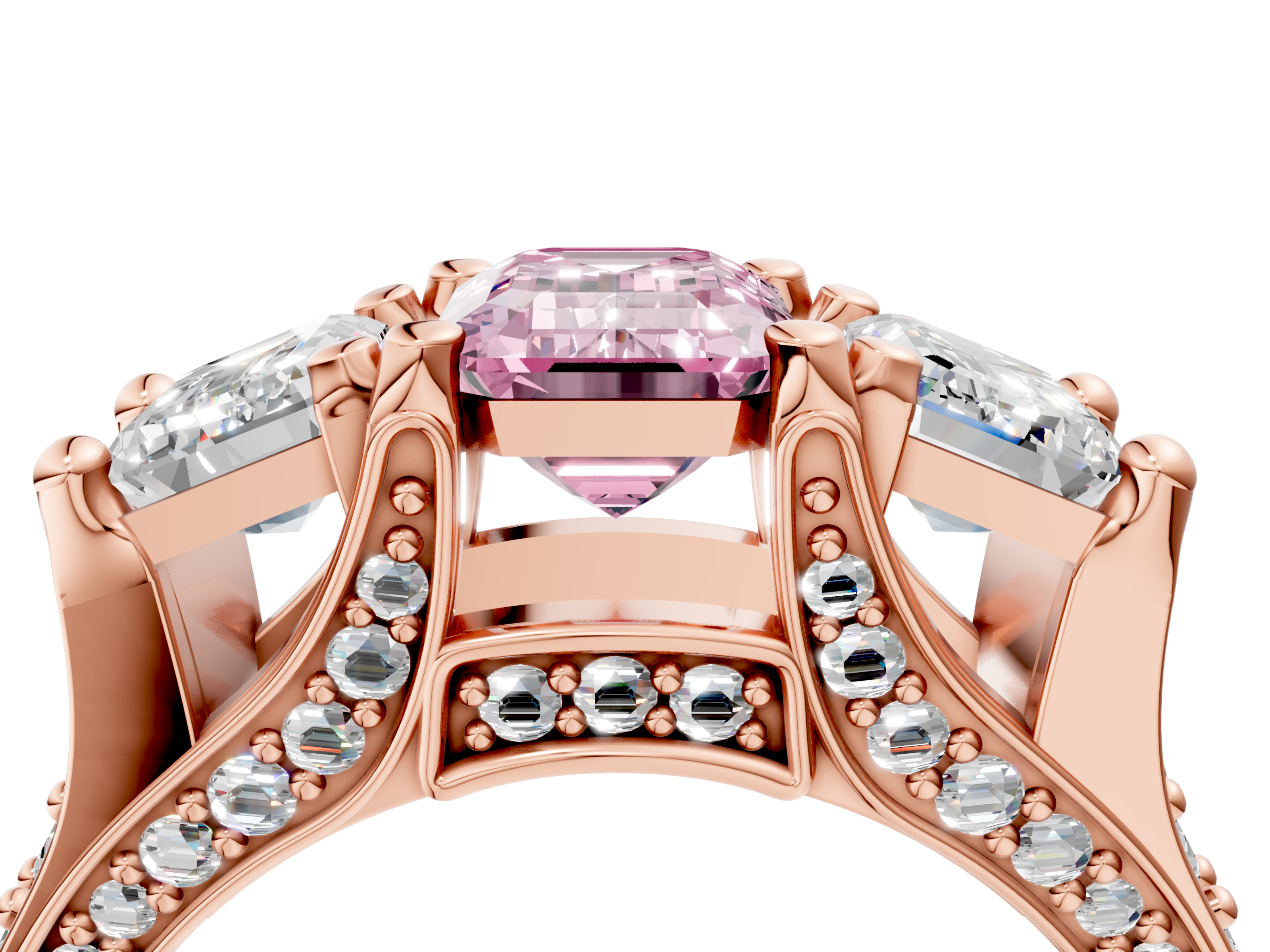 Rose gold Three-Stone Fancy Pink Emerald  Cut Diamond Ring with Channel-Set Band and Four-Prong Setting_39