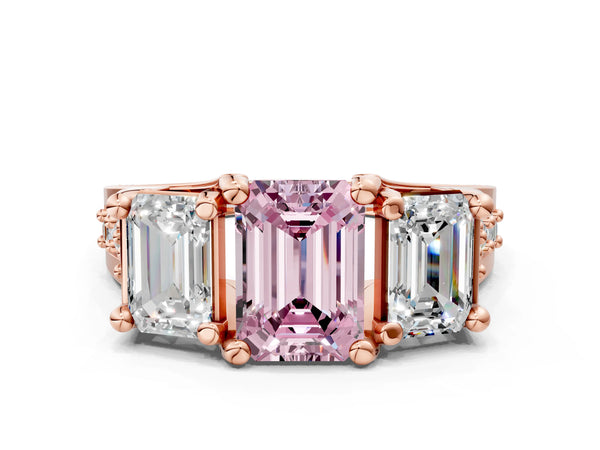 Rose Gold Emerald Cut Three Stone Pave Engagement Ring Setting for Fancy Pink Center with Near-Equal Side Stones