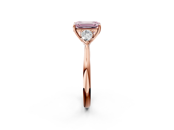Rose gold Three-Stone Fancy Pink Emerald  Cut Diamond Ring with Pear Side Stones in Four-Prong Setting