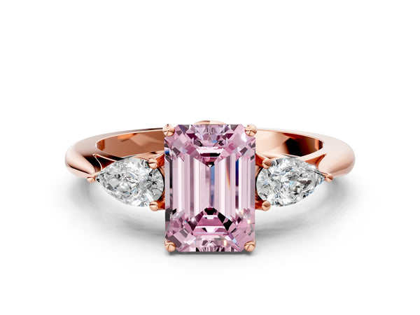 Rose gold Three-Stone Fancy Pink Emerald Cut Diamond Ring with Pear  Side Stones in Four-Prong Setting